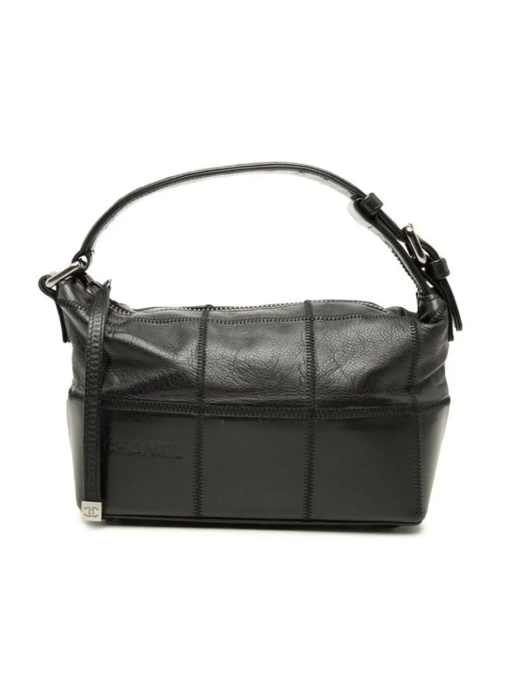 Chanel Chocolate Bar Shoulder Bag Logo Black Caviar Leather